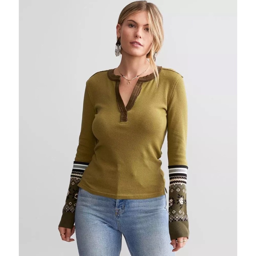 Free People Mikah Layering Thermal Cuff Long Sleeve Army Combo XS